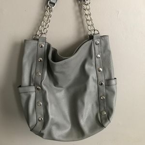 Gray handbag with silver chain straps